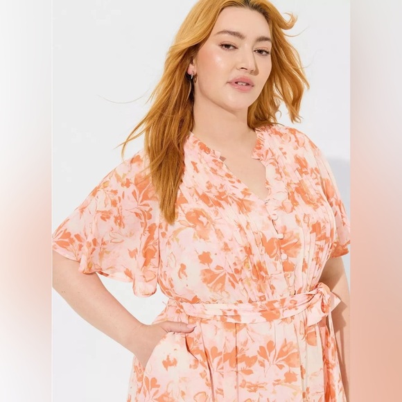 Torrid Midi Chiffon Ruffle Neck Pintuck Dress- size 2 - Picture 2 of 14